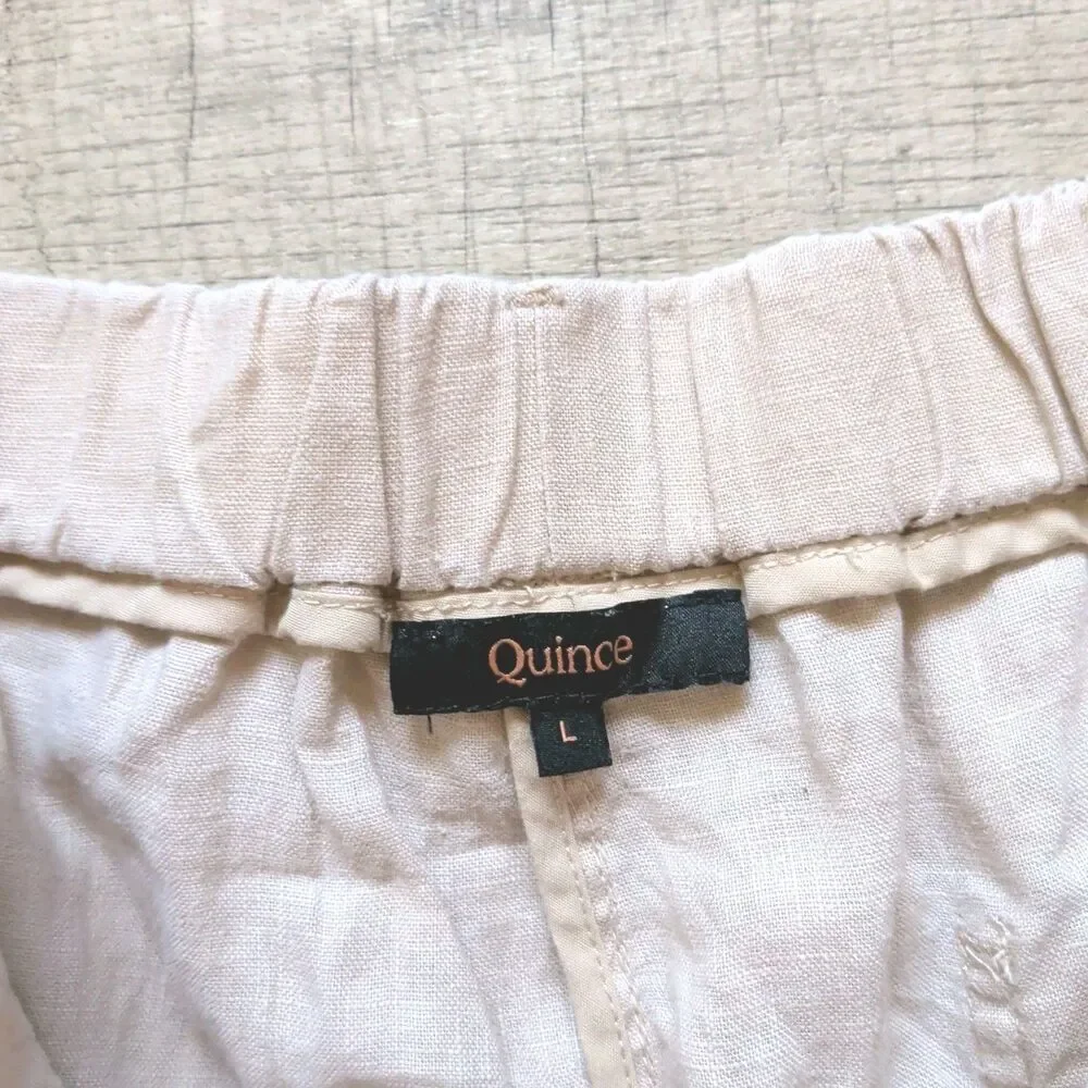 Quince Women's 100% Linen Crop Pants Size L Beige Pull On W Pockets